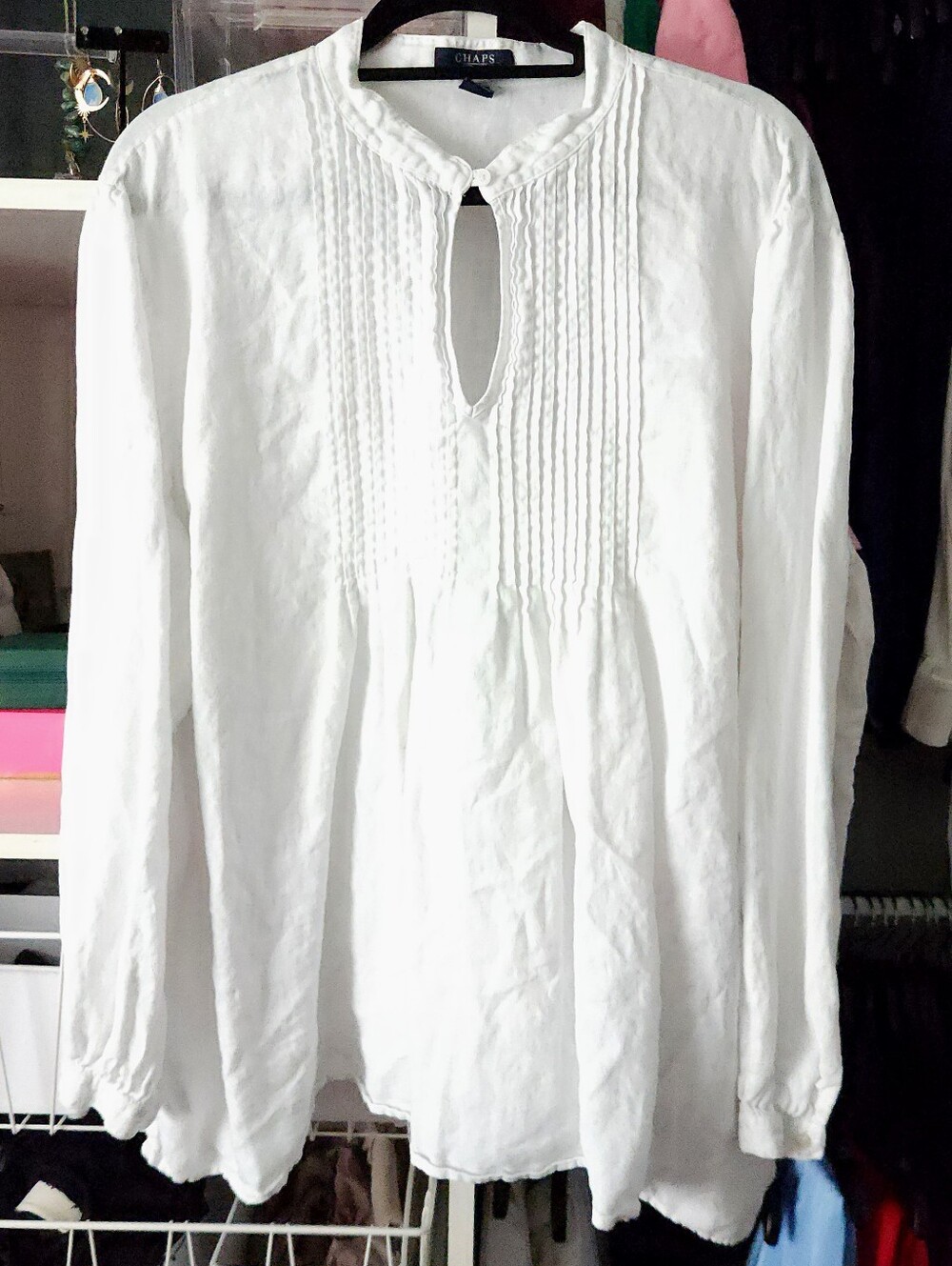 Chaps 100% Linen White Pintuck Keyhole Long-Sleeve Tunic Blouse 3x